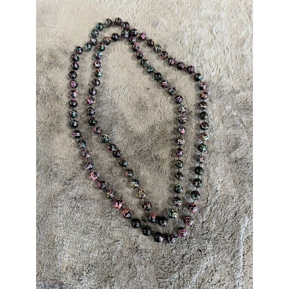 Vintage Black Splatter Paint Bead Long Strand Necklace